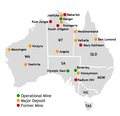 Australian Uranium Deposits, producing mines and defunct mines